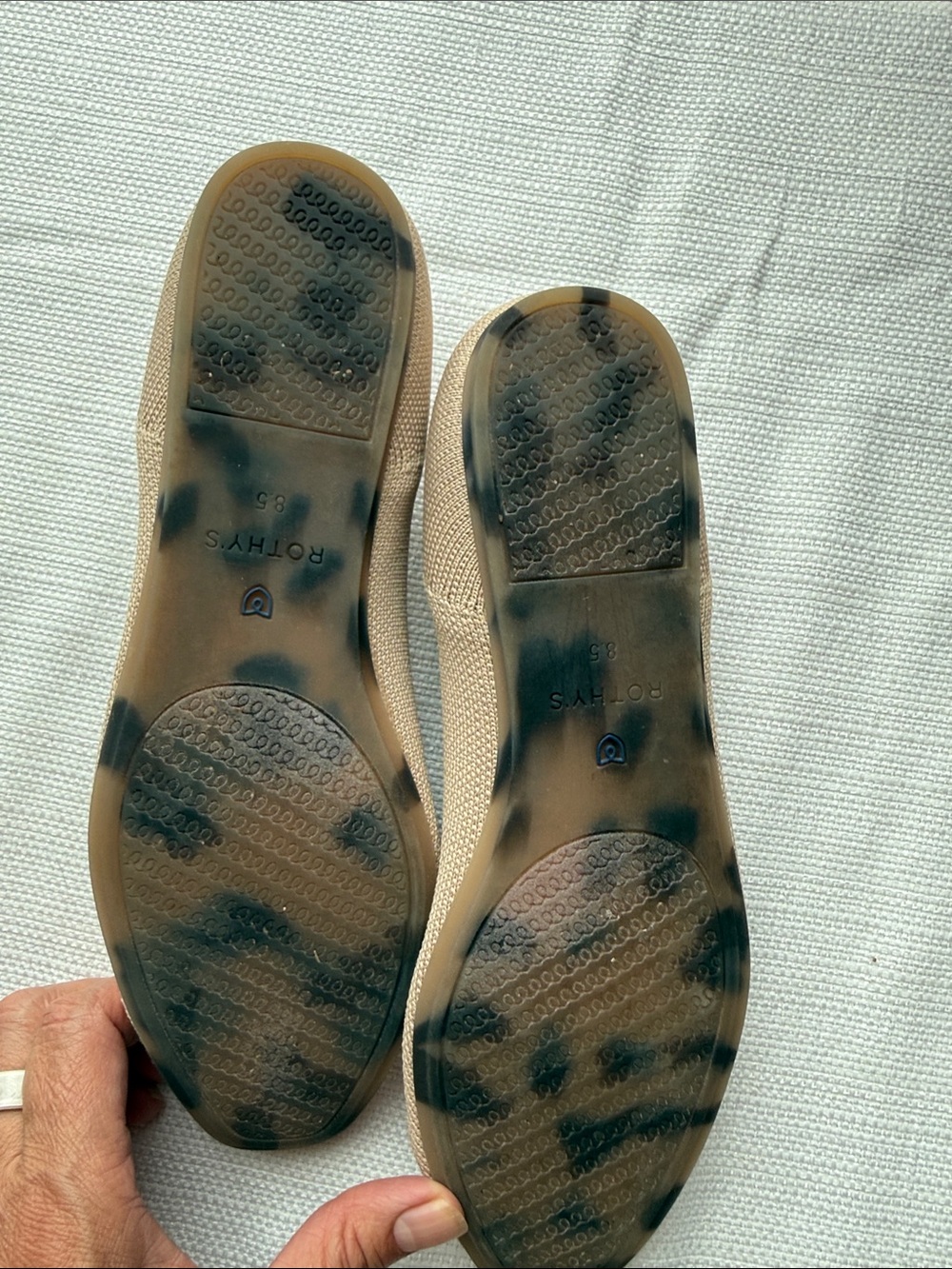 Rothy's Beige Knit Pointed Ballet Flats with Blue Trim - Picture 4 of 6